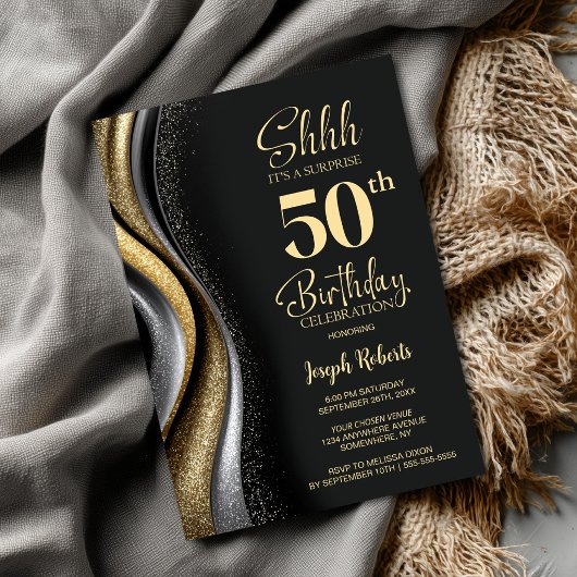 Invitation Black Gold Surprise 50th Birthday Party