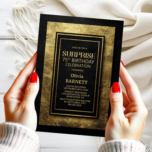 Invitation Black Gold Surprise 75th Birthday Party