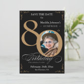Invitation Black Gold Surprise 80e anniversaire Enregistrer l (Debout devant)