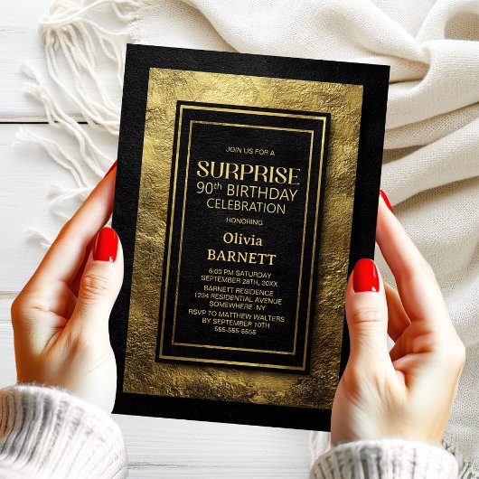 Invitation Black Gold Surprise 90th Birthday Party