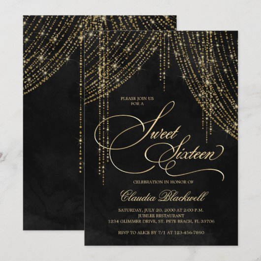Invitation Black Gold Sweet 16 (Devant / Derrière)