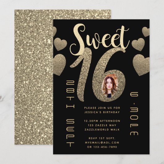 Invitation Black Gold Sweet 16 Parties scintillant photo mode (Devant / Derrière)