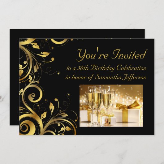 Invitation Black & Gold Swirl 5x7 Custom 50th Birthday Party (Devant / Derrière)
