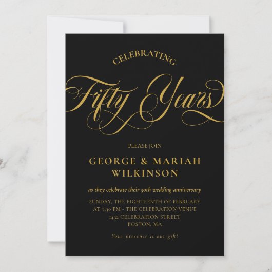 Invitation Black Gold Tourbillonnant Script 50e anniversaire  (Devant)