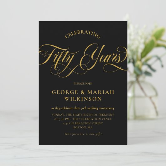 Invitation Black Gold Tourbillonnant Script 50e anniversaire  (Debout devant)