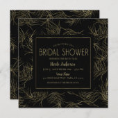 Invitation Black & Gold Tropical Glam Fête des mariées Feuill (Devant / Derrière)
