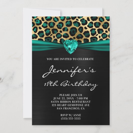 Invitation Black Gold Turquoise Green Leopard Foil 18e annive (Devant)
