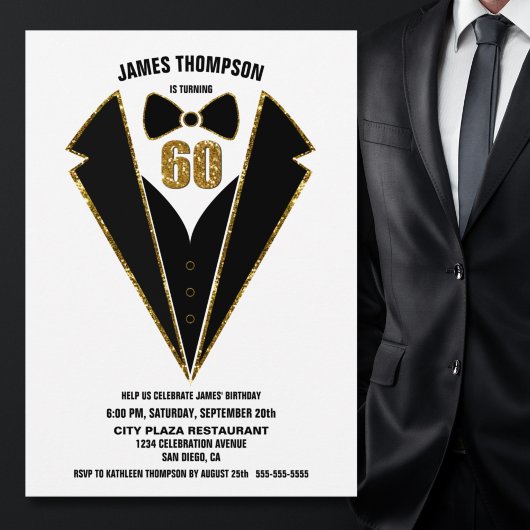 Invitation Black Gold Tuxedo 60e fête d'anniversaire