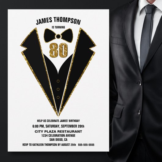 Invitation Black Gold Tuxedo 80e fête d'anniversaire
