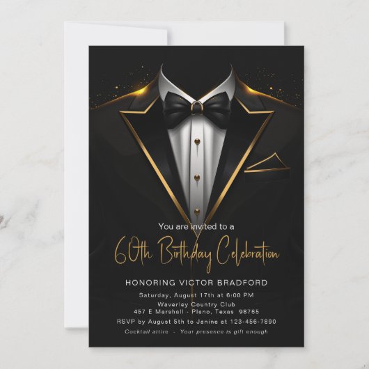 Invitation Black Gold Tuxedo Mens N'importe quel nombre Anniv (Devant)