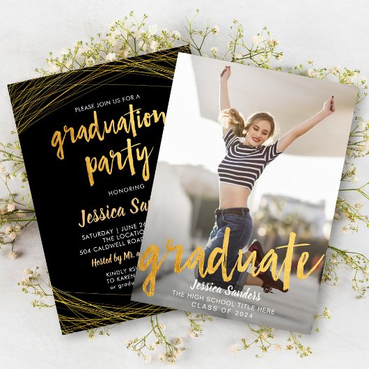 Invitation Black & Gold Typographie Photo Graduation Party