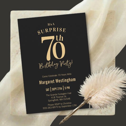 Invitation Black Gold Typography Surprise 70th Birthday
