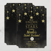 Invitation Black & Gold Under The Stars Starry Sweet 16 (Devant / Derrière)