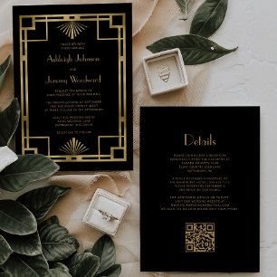 Invitation Black Gold Vintage 1920s Déco QR Code Mariage