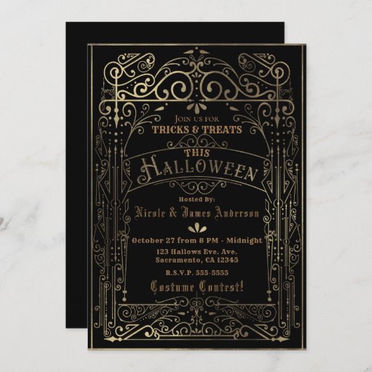 Invitation Black & Gold Vintage Victorian Déco Halloween (Devant / Derrière)