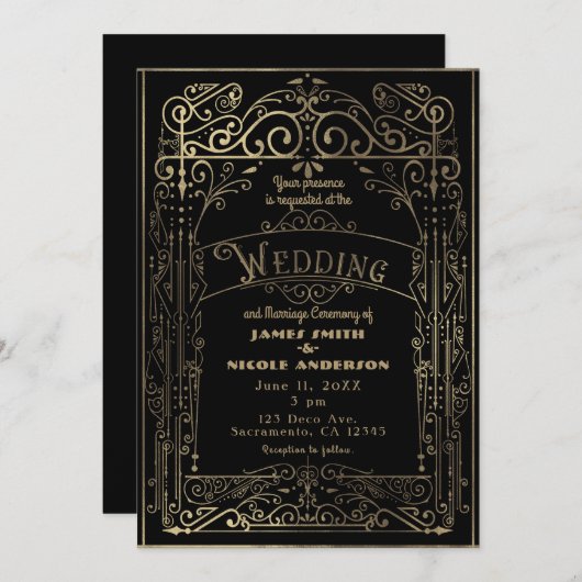 Invitation Black & Gold Vintage Victorian Déco Mariage (Devant / Derrière)