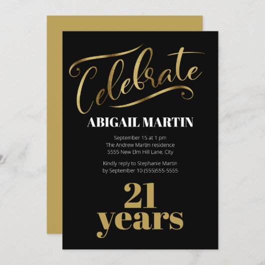 Invitation Black Gold White 21e fête d'anniversaire (Devant / Derrière)