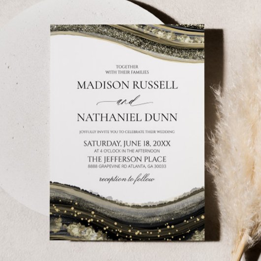 Invitation Black Gold White Agate Elegant Wedding