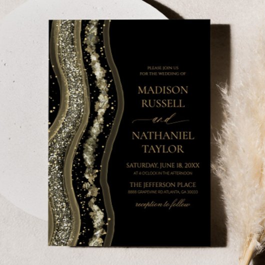 Invitation Black Gold White Agate Elegant Wedding