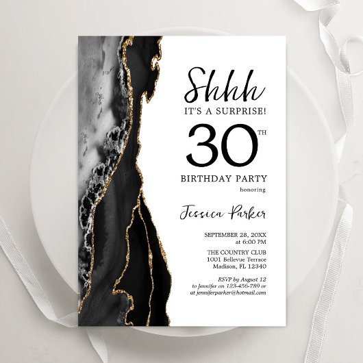 Invitation Black Gold White Agate Surprise 30e anniversaire