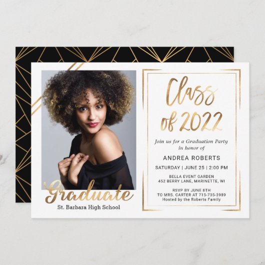 Invitation Black Gold White Class of 2022 Photo Graduation (Devant / Derrière)