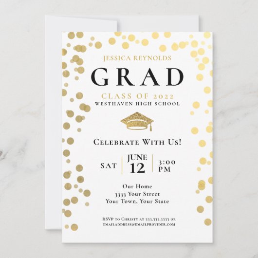 Invitation Black Gold White Confetti Photo Graduation Party I (Devant)