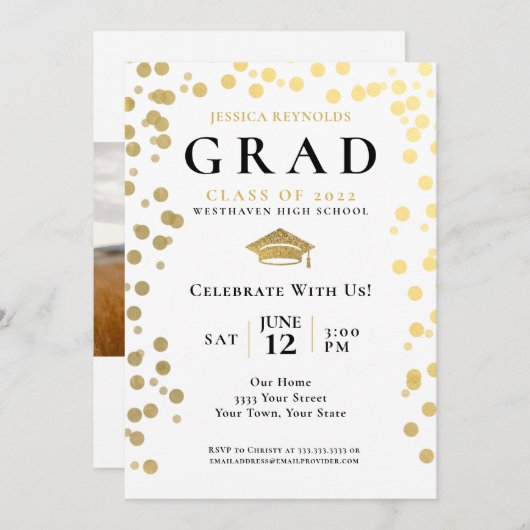 Invitation Black Gold White Confetti Photo Graduation Party I (Devant / Derrière)