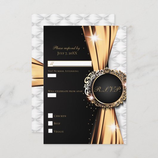 Invitation Black Gold & White Elegant Mariage de luxe RSVP (Devant / Derrière)