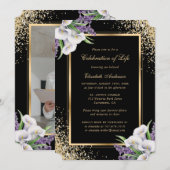 Invitation Black Gold White Floral Photo Célébration de la vi (Devant / Derrière)
