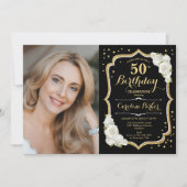 Invitation Black Gold White Photo 50th Birthday (Devant)