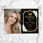 Invitation Black Gold White Photo 50th Birthday<br><div class="desc">Elégante invitation à 50ème anniversaire fleurie avec votre photo. Design blanc noir glam avec parties scintillant d'or faux. Comprend des roses blanches, des caractères de script et des confettis. Parfait pour une fête anniversaire adulte élégante. Personnalisez avec vos propres détails. Peut être customisé pour n'importe quel âge ! Invitations Zazzle...</div>