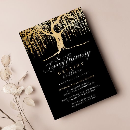 Invitation Black & Gold Willow Tree Amour Mémoire funéraire