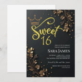 Invitation Black Golden Floral Sweet 16 Birthday (Devant / Derrière)