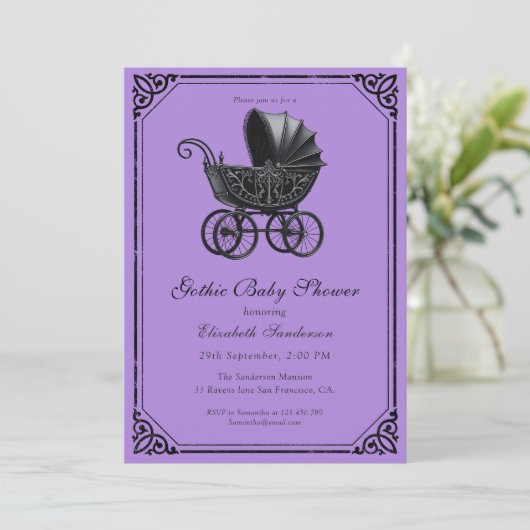 Invitation Black Gothic Stroller Baby Shower  (Debout devant)