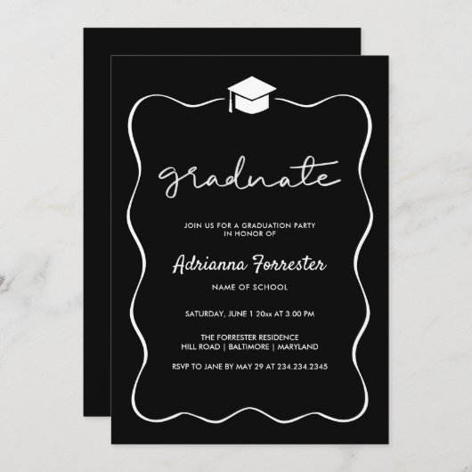 Invitation Black Graduation Party Casquette cadre ruban (Devant / Derrière)