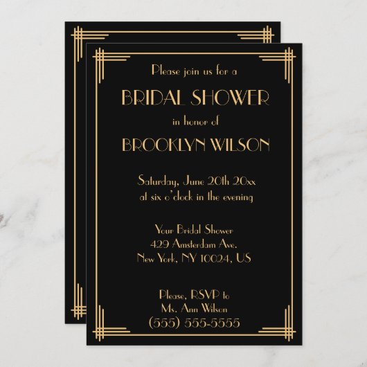 Invitation Black Great Gatsby Art Déco Fêtes des mariées Invi (Devant / Derrière)