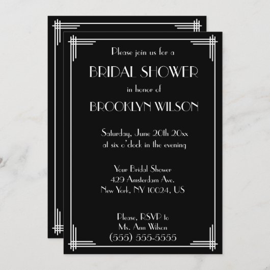 Invitation Black Great Gatsby Art Déco Fêtes des mariées Invi (Devant / Derrière)