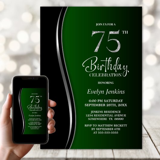 Invitation Black Green 75e fête d'anniversaire