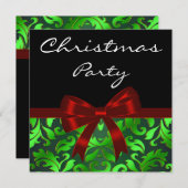 Invitation Black Green Damask Red Bow Christmas Party (Devant / Derrière)