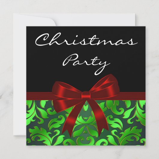 Invitation Black Green Damask Red Bow Christmas Party (Devant)