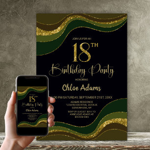 Invitation Black Green Gold Parties scintillant 18ème anniver