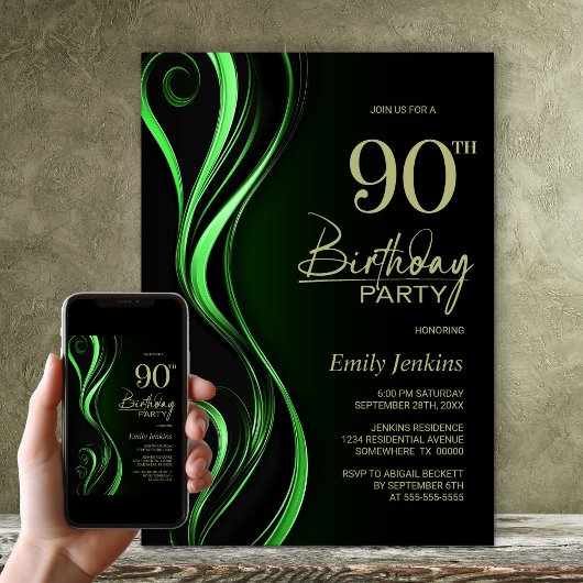 Invitation Black Green moderne 90e fête d'anniversaire