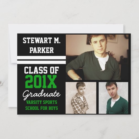 Invitation Black/Green Sporty Boys 3 Photo Graduation (Devant)