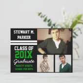 Invitation Black/Green Sporty Boys 3 Photo Graduation (Debout devant)