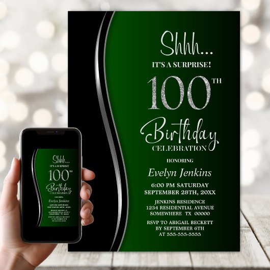 Invitation Black Green Surprise 100e anniversaire