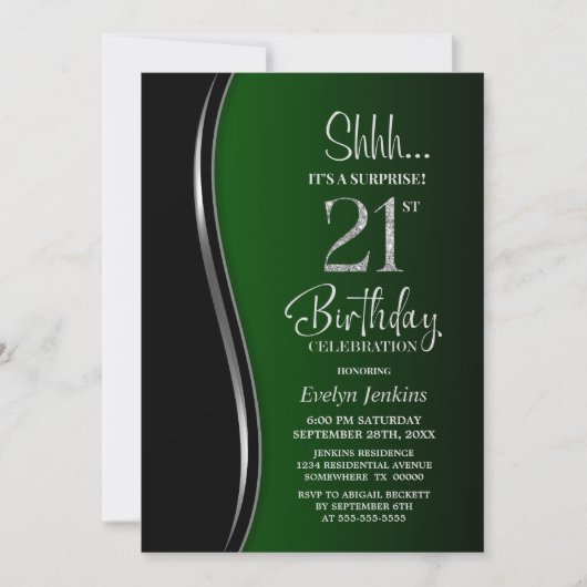 Invitation Black Green Surprise 21e anniversaire (Devant)