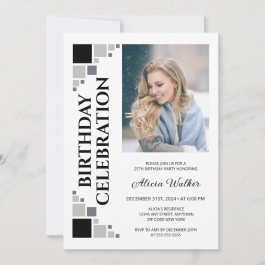 Invitation Black Grey Digital Frame Corner Photo Anniversaire (Devant)
