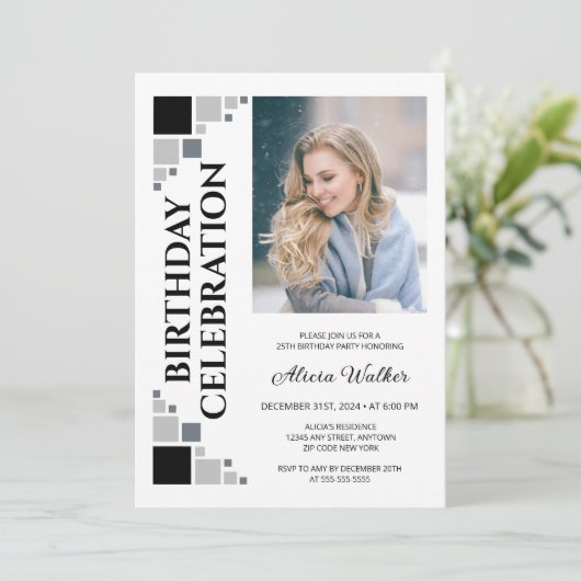 Invitation Black Grey Digital Frame Corner Photo Anniversaire (Debout devant)