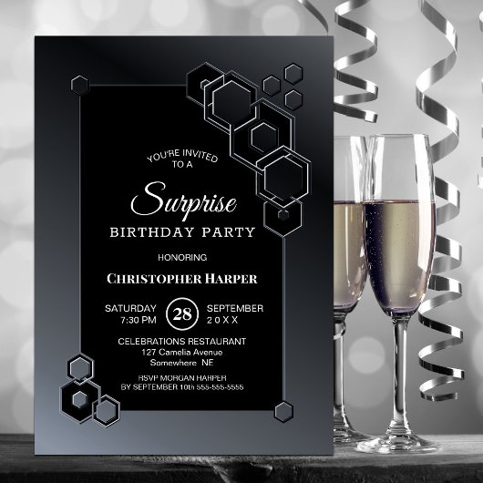 Invitation Black Grey Geometric Surprise Birthday Party