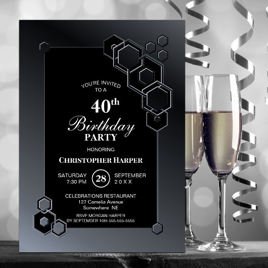 Invitation Black Grey Géométrique 40e anniversaire